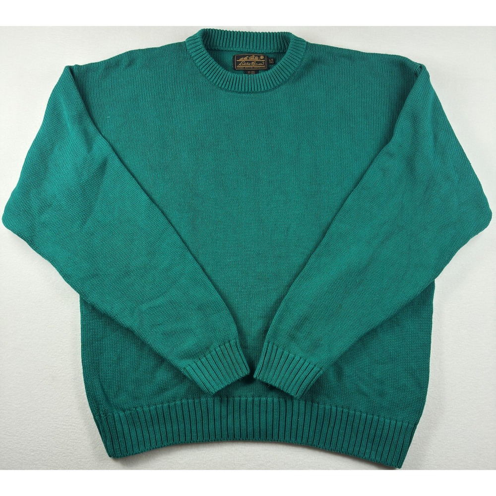 Vintage Eddie Bauer Mens Large Tall Teal Green 100% Cotton Crewneck Knit Sweater
